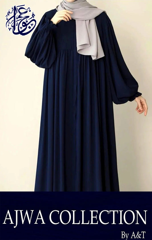 Elegant navy blue plain abaya from Ajwa Collection by A&T, featuring a matching gray dupatta for modest fashion.