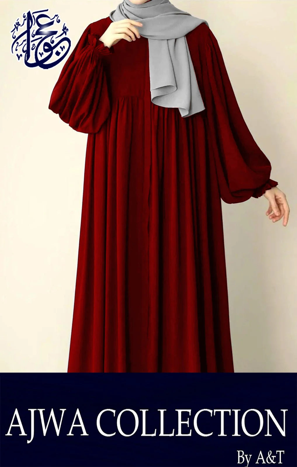 Elegant red abaya with long sleeves and light grey dupatta, part of the AJWA collection by A&T.