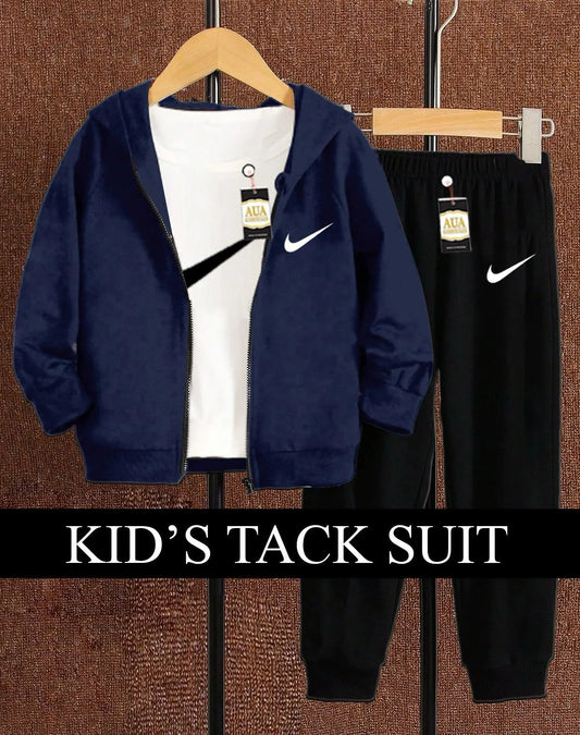 Kids navy fleece tracksuit set with zip-up hoodie and black trousers, perfect for winter wear.