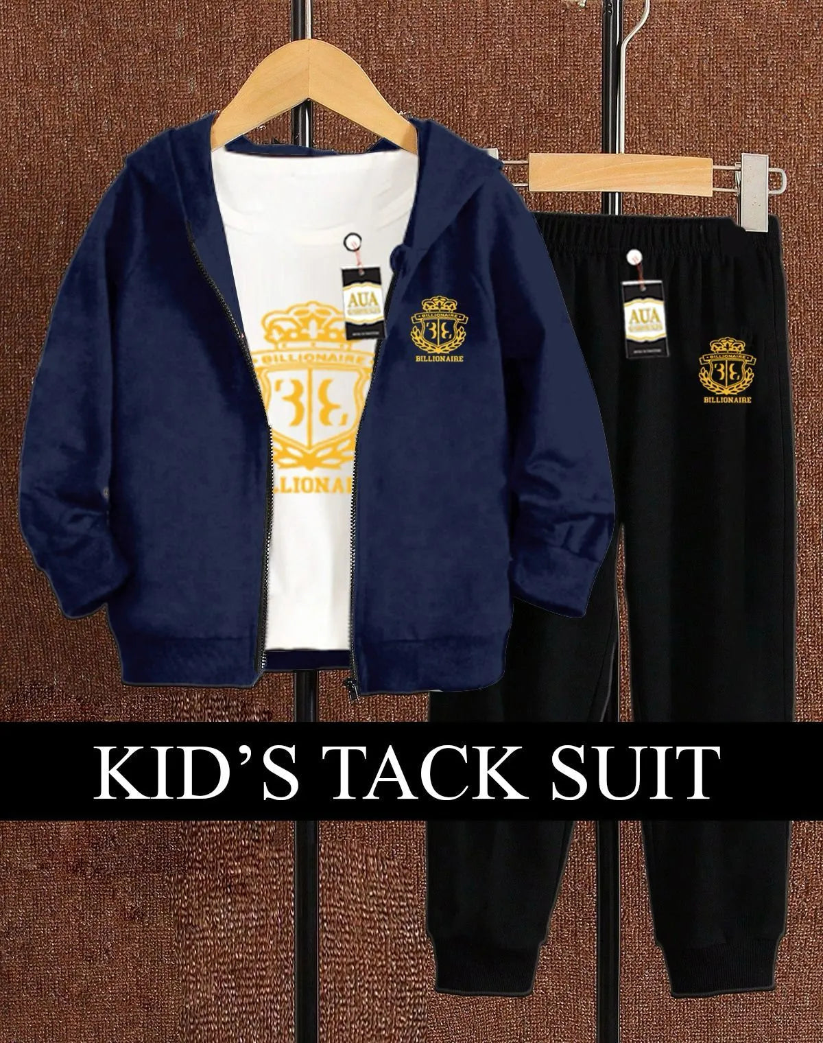 Kids winter fleece tracksuit set with navy hoodie and black trousers, perfect for warmth and comfort.