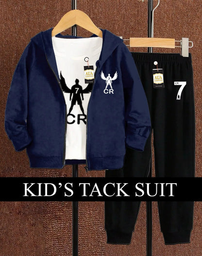 Kids Tack Suit featuring a navy fleece hoodie, white T-shirt, and black trousers for winter wear.
