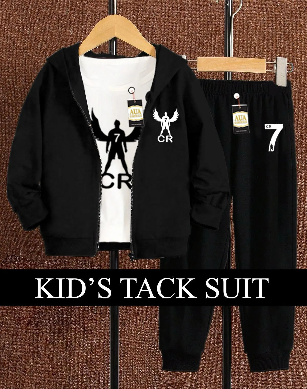 Kids black tracksuit with hoodie, T-shirt, and trousers from Aua Garment, perfect for stylish winter wear.