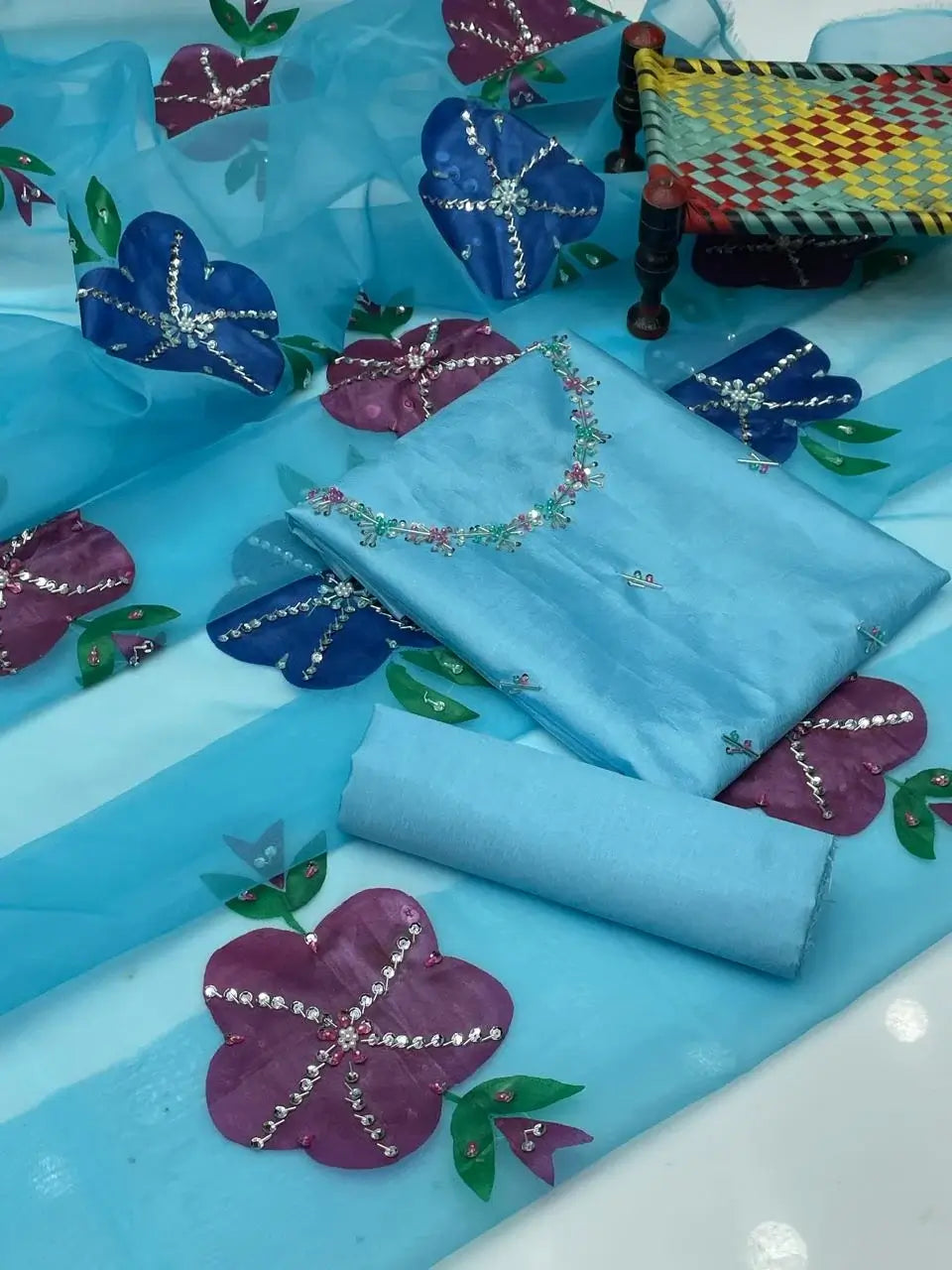 Wedding Collection Unstitched Dress in blue with floral embroidery, a premium 3 piece set for elegant occasions.