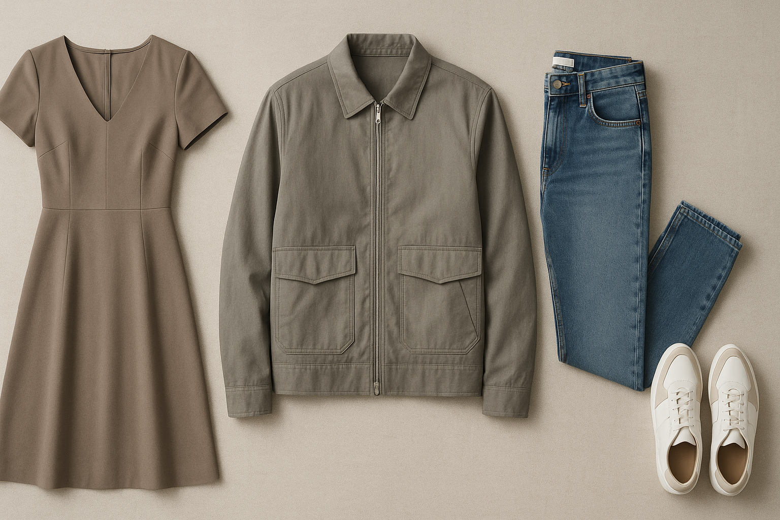 "Flat lay of modern clothing collection — elegant women’s dress, men’s casual jacket, denim jeans, and stylish sneakers arranged aesthetically on neutral fabric background, soft studio lighting, high-end fashion catalog style, 8K ultra-realistic, minimal shadows, banner composition"