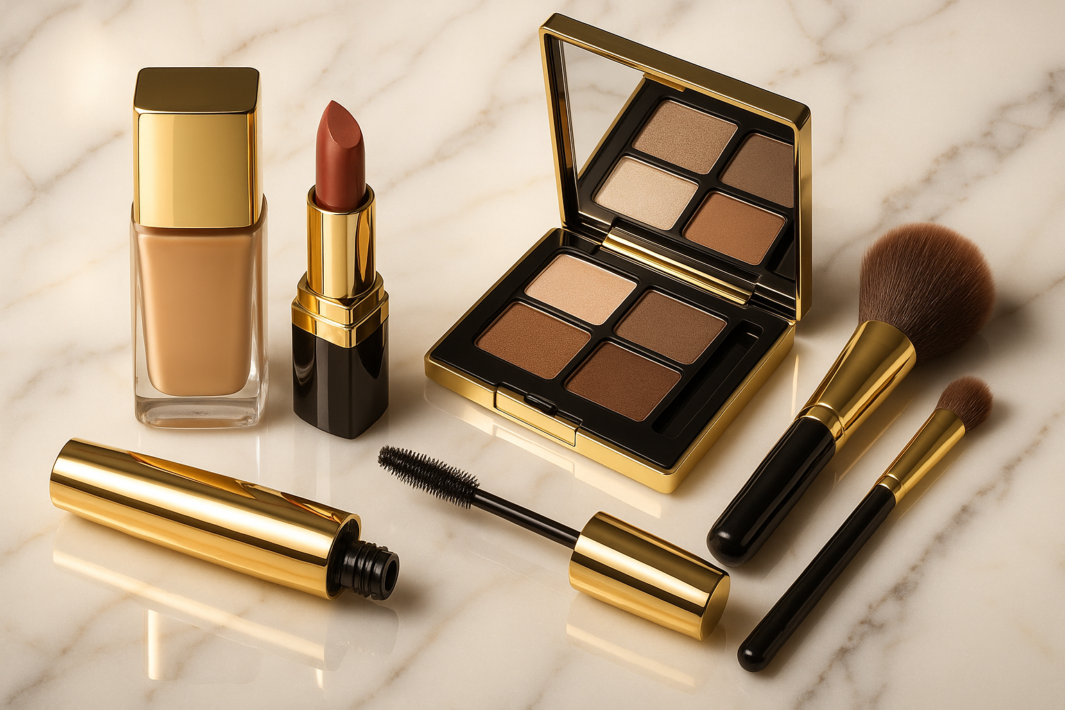 "Luxury beauty essentials flat lay — foundation bottle, lipstick, eyeshadow palette, mascara, and makeup brushes arranged on marble background with golden accents, soft glow lighting, glossy reflection, professional product photography, 8K detail, perfect for cosmetics banner"