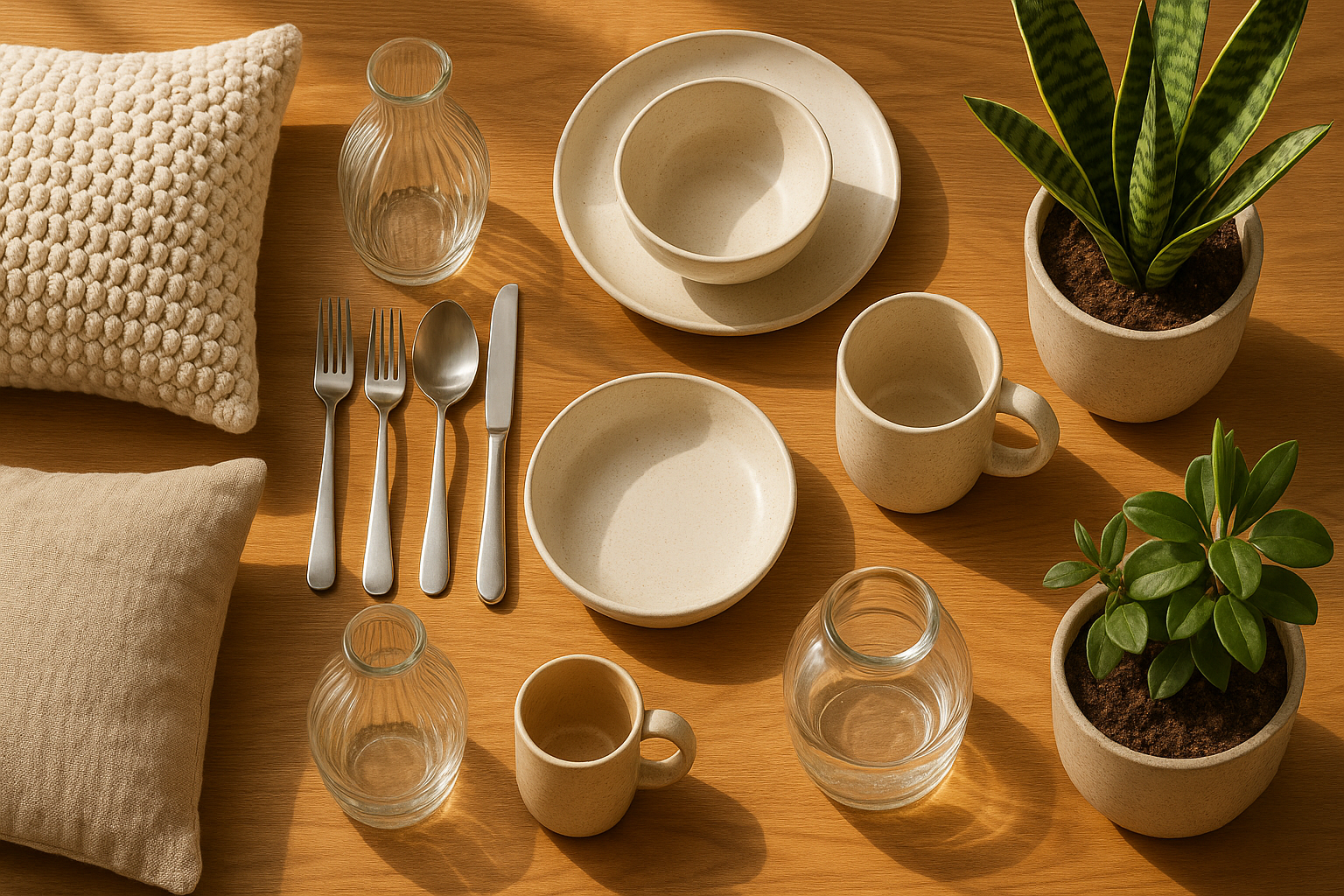 "Modern household essentials flat lay — ceramic dishes, stainless steel cutlery, glass vases, cozy cushions, and indoor plants arranged aesthetically on wooden surface, natural sunlight, lifestyle photography, Pinterest-inspired home decor banner, 8K ultra-detailed"