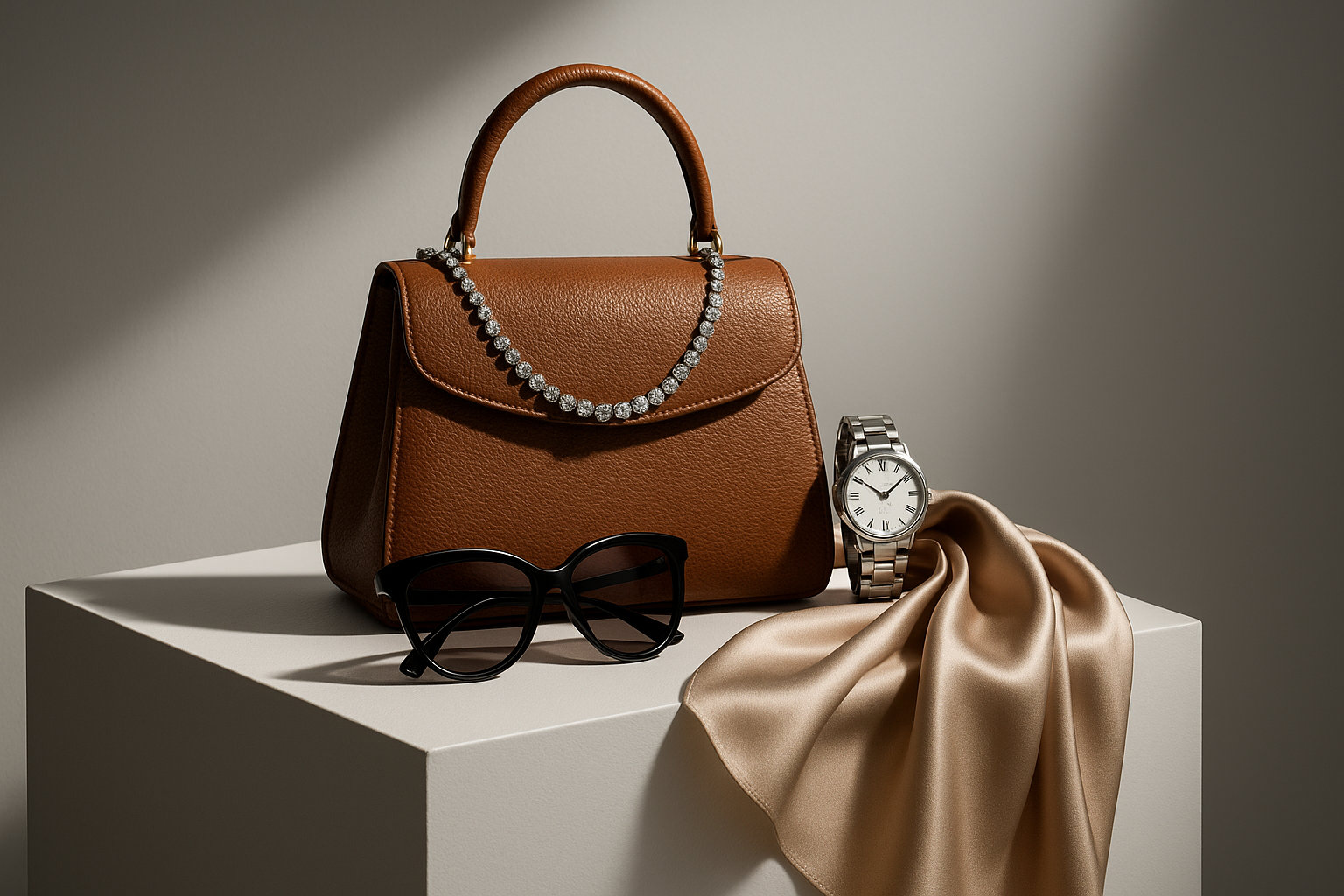 "Stylish accessories collection — leather handbag, diamond necklace, wristwatch, sunglasses, and silk scarf arranged on modern pedestal with soft spotlight, luxury fashion photography, sharp textures, clean background, 8K high-resolution, elegant catalog banner style"